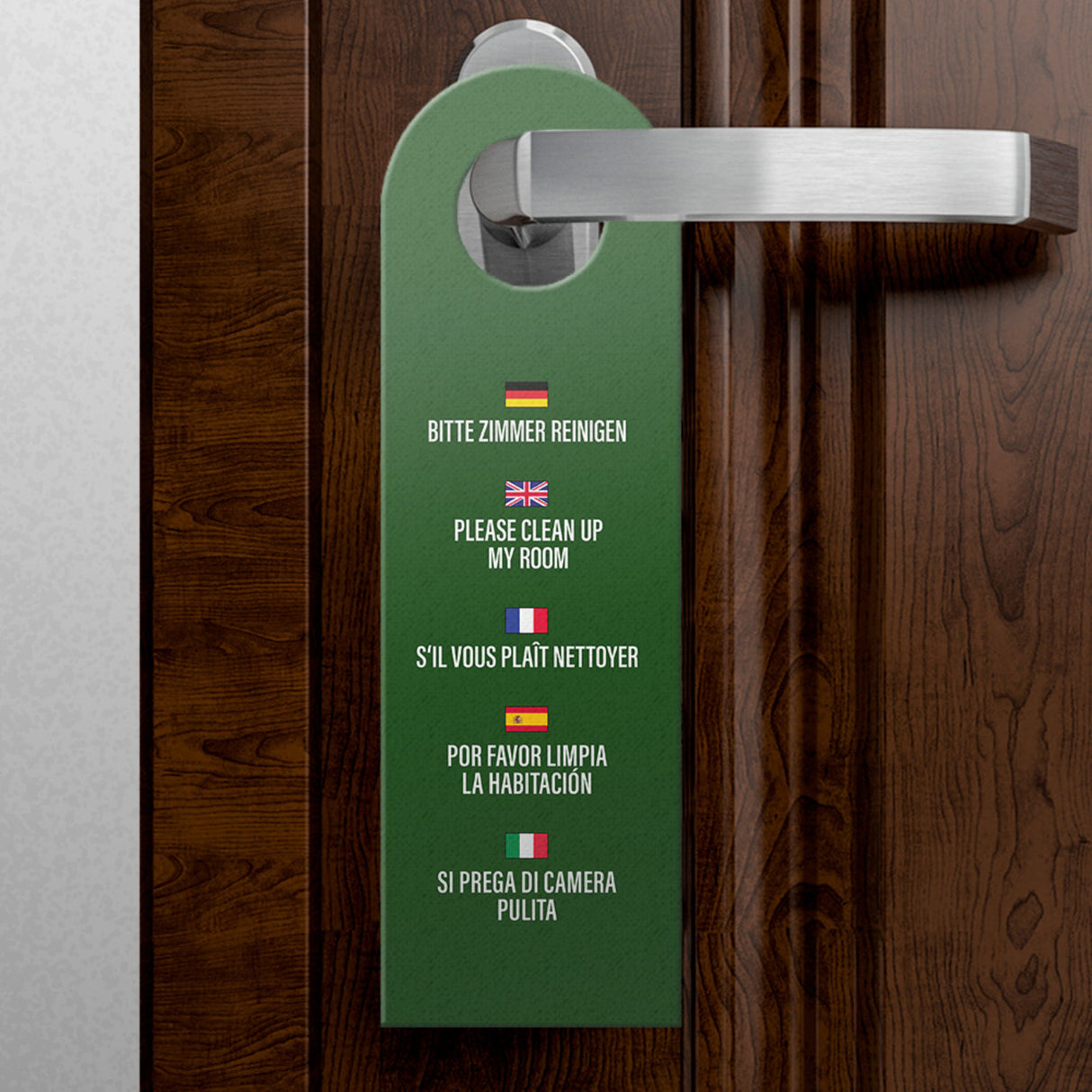 Hotel Türhänger Bitte nicht stören - Bitte Zimmer reinigen in verschiedenen Sprachen Dunkelrot und Dunkelgrün Deutsch Englisch Französisch Spanisch Italienisch Zimmerservice Zimmermädchen