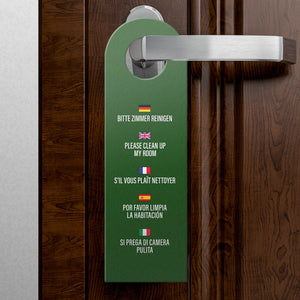 Hotel Türhänger Bitte nicht stören - Bitte Zimmer reinigen in verschiedenen Sprachen Dunkelrot und Dunkelgrün Deutsch Englisch Französisch Spanisch Italienisch Zimmerservice Zimmermädchen