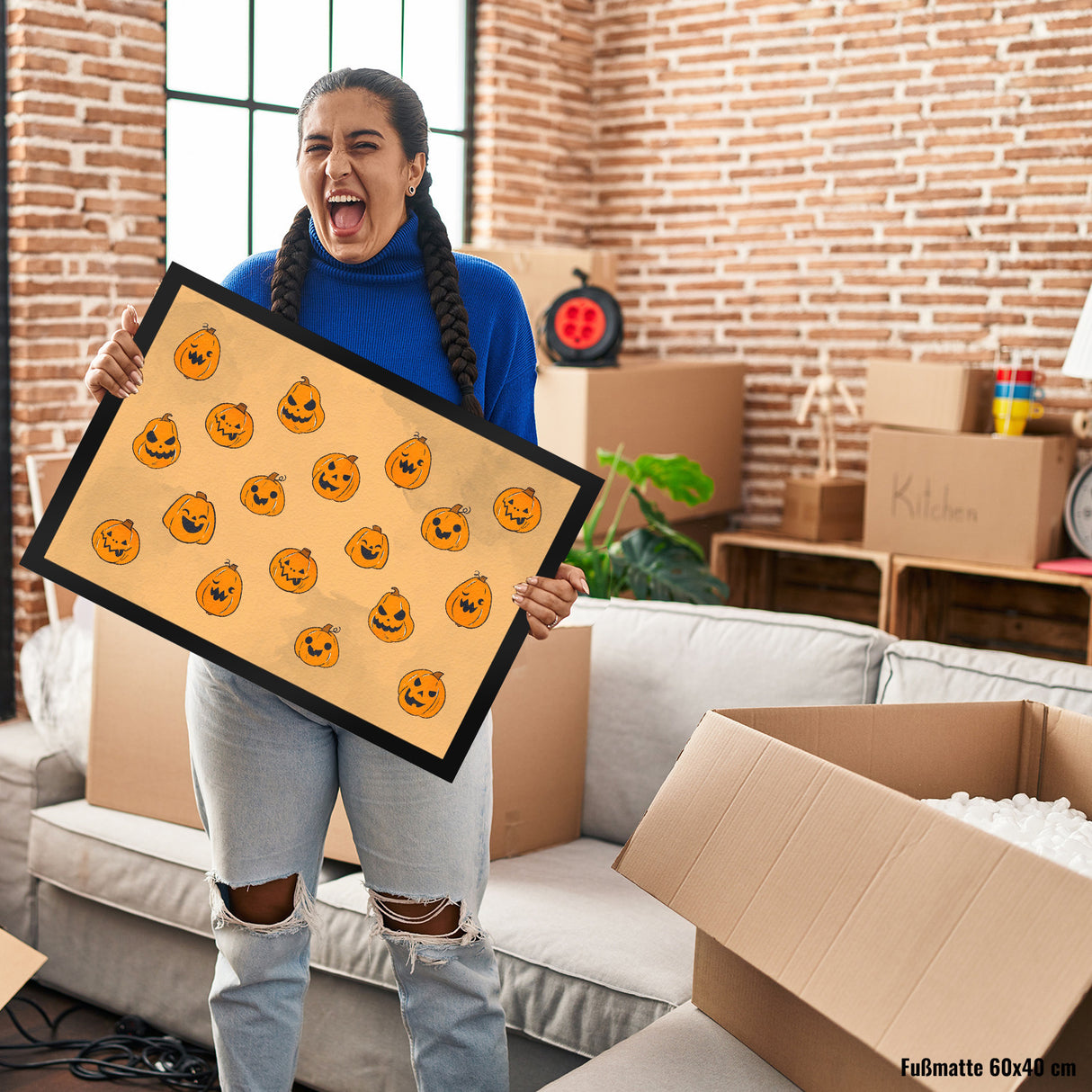Fußmatte im Halloween Design - mit vielen lustigen geschnitzten Kürbisköpfen
