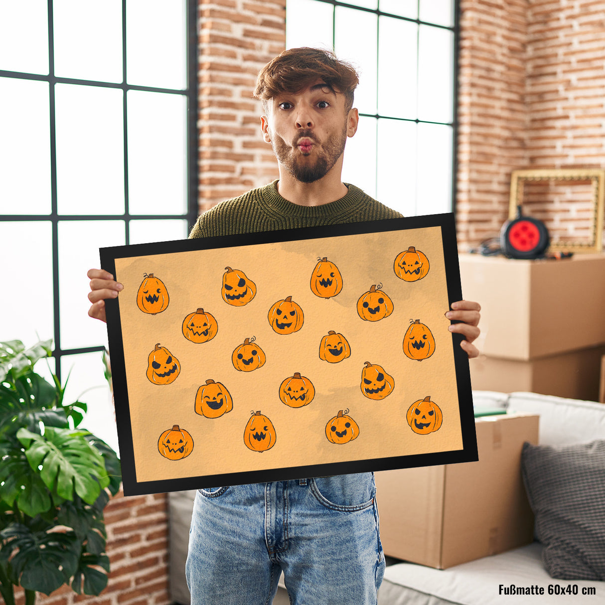 Fußmatte im Halloween Design - mit vielen lustigen geschnitzten Kürbisköpfen