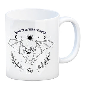 Kaffeebecher mit Fledermaus Motiv und Spruch - Vampir in Verkleidung