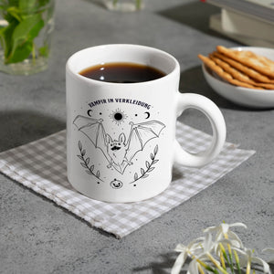 Kaffeebecher mit Fledermaus Motiv und Spruch - Vampir in Verkleidung