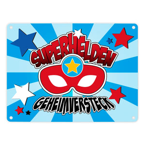Superhelden Geheimversteck Metallschild im Comicdesign mit Superhelden Maske