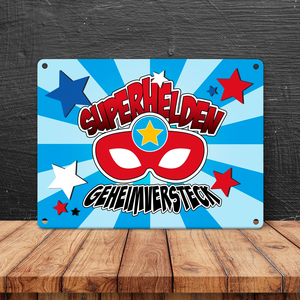 Superhelden Geheimversteck Metallschild im Comicdesign mit Superhelden Maske