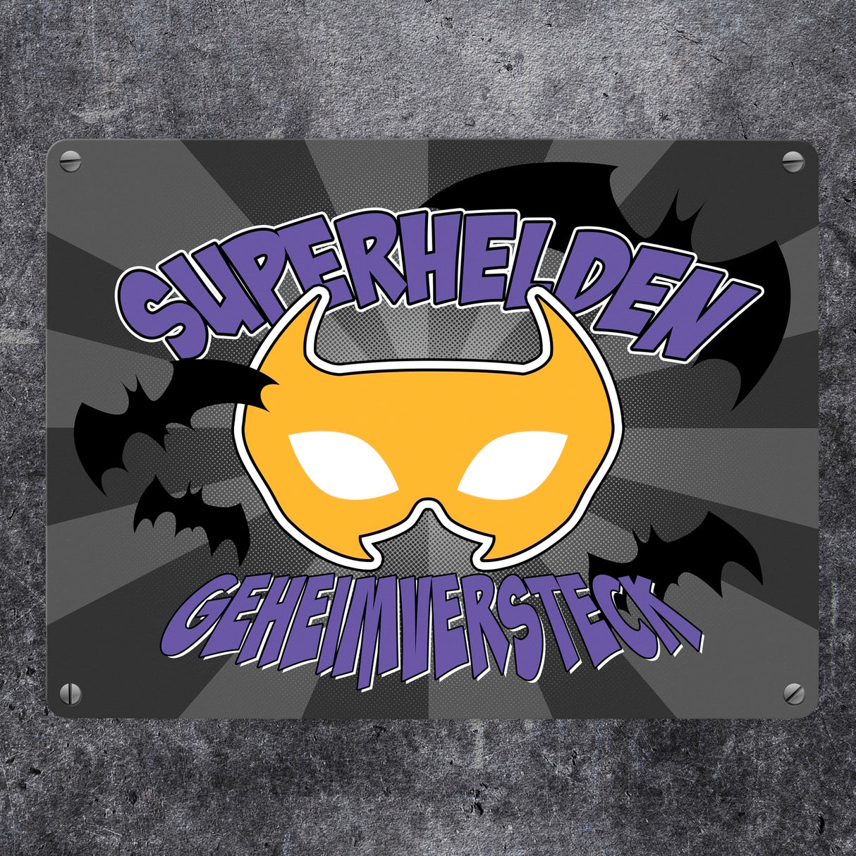Superhelden Geheimversteck Metallschild im Comicdesign mit Fledermäusen & Maske