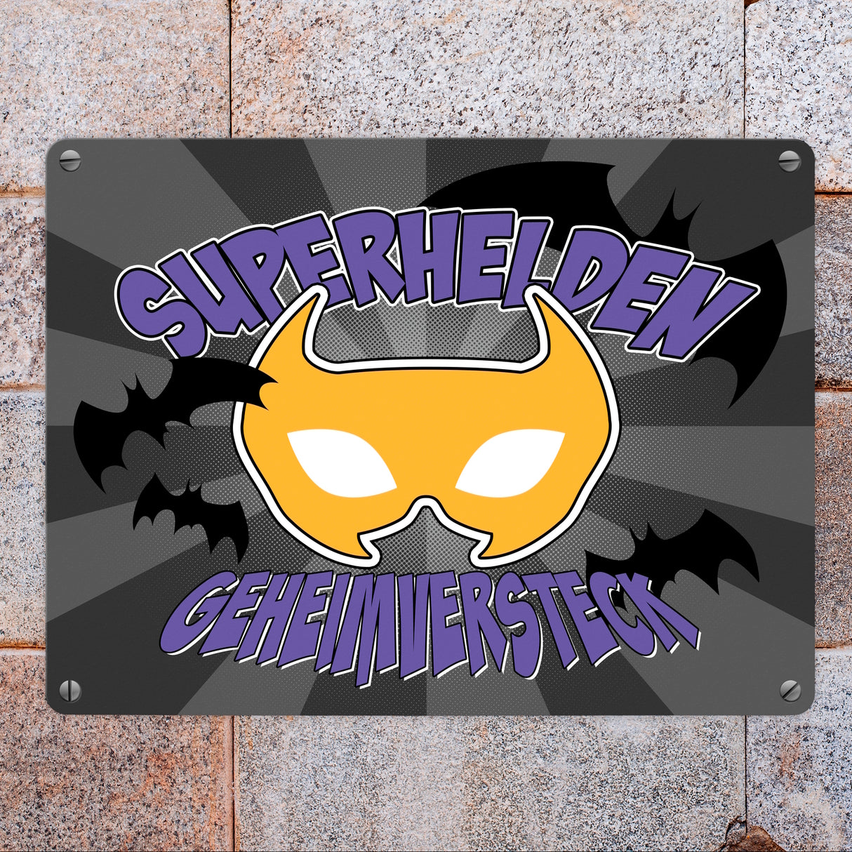 Superhelden Geheimversteck Metallschild im Comicdesign mit Fledermäusen & Maske