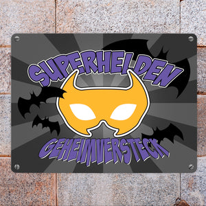 Superhelden Geheimversteck Metallschild im Comicdesign mit Fledermäusen & Maske