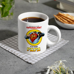 Kaffeebecher Comic mit Spruch - Wer braucht schon Superhelden? Ich habe Papa