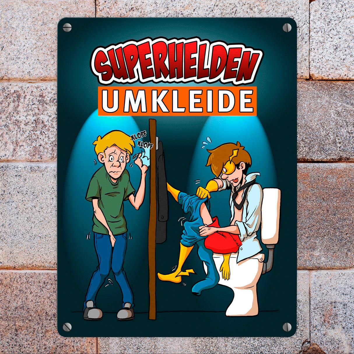 Metallschild mit lustigem Comic-Design für Toiletten - Superhelden-Umkleide