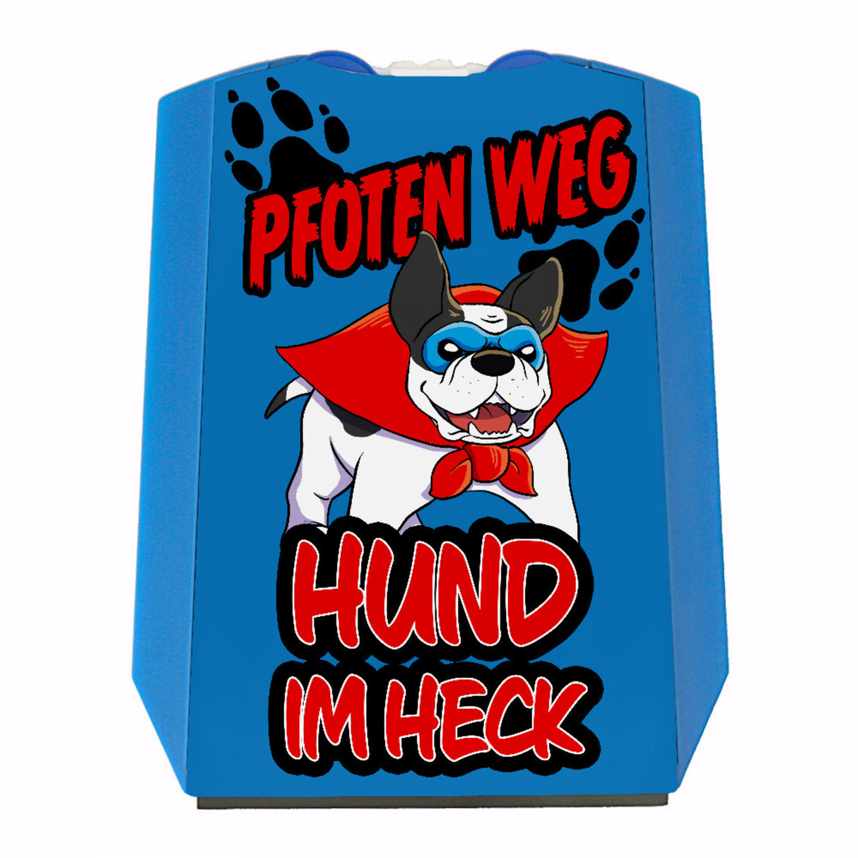 Parkscheibe mit Superhelden Hund-Motiv und Spruch - Pfoten weg Hund im Heck