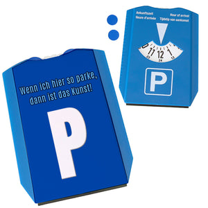 Parkscheibe mit Parkplatzsymbol, lustigem Spruch und 2 Einkaufswagenchips