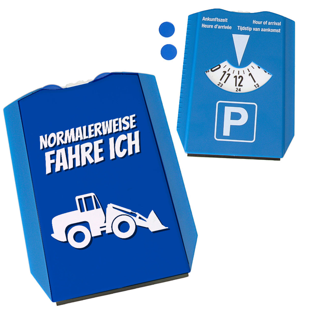 Parkscheibe mit Spruch: Normalerweise fahre ich Radlader