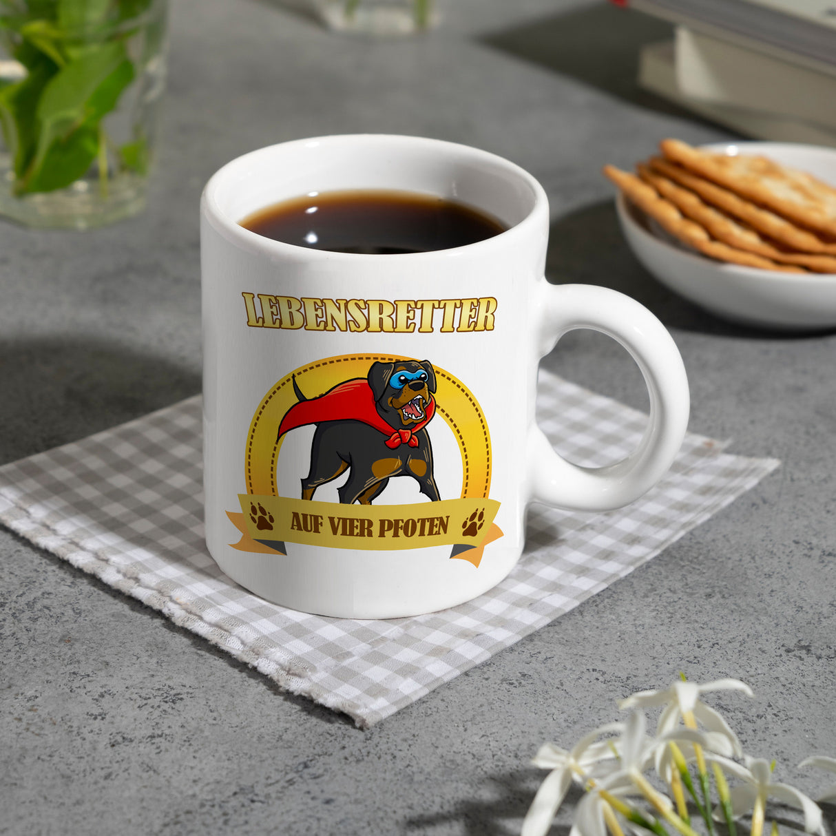 Kaffeebecher mit Superheld - Rottweiler - Lebensretter auf vier Pfoten