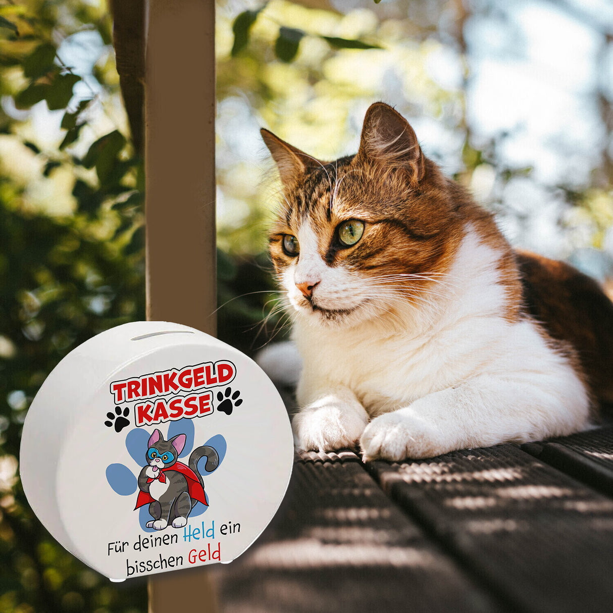 Spardose für Trinkgeld mit Katze und Spruch: Für deinen Held ein bisschen Geld