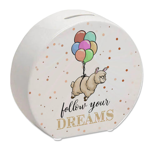 Spardose mit niedlichem Lama-Motiv und Spruch - Follow your dreams