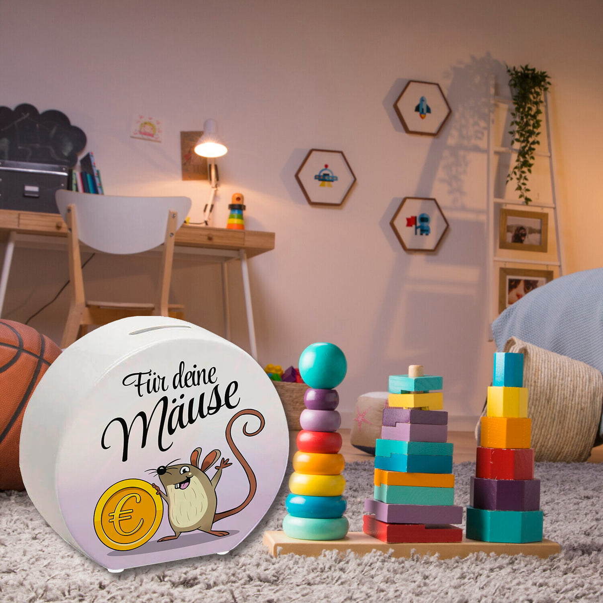 Spardose für Kinder mit süßer Maus und Münze sowie Spruch - Für deine Mäuse
