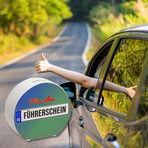 Spardose aus Keramik mit Spruch: Für den Führerschein mit Kennzeichenmotiv