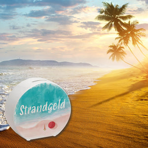 Spardose aus Keramik mit Strand Motiv und Text - Strand und Meer Strandgeld