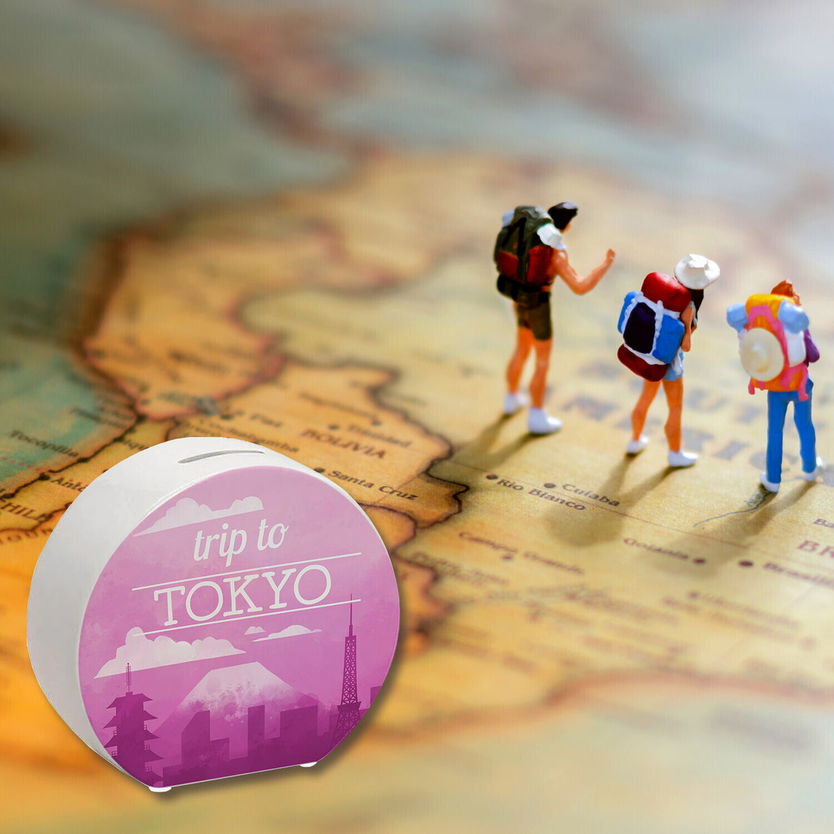 Spardose mit schönem Motiv und Text - Trip to Tokyo in pink