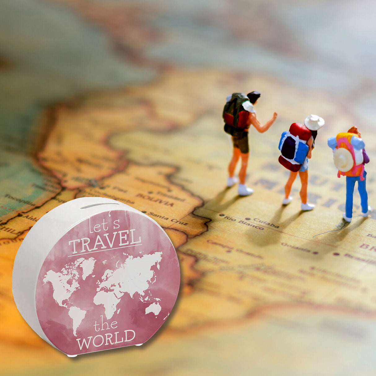 Spardose mit Weltkarten Motiv und Text - let's travel the world