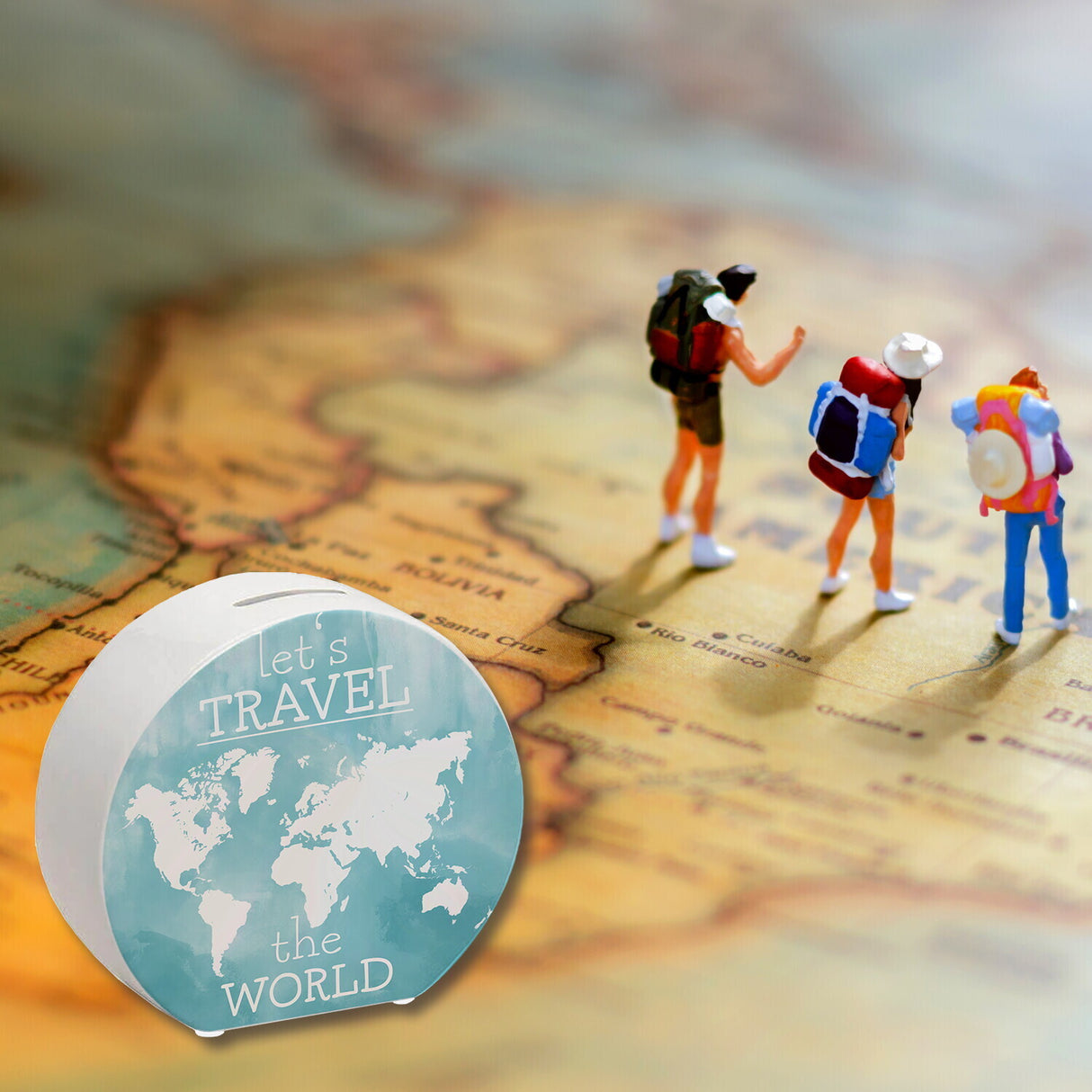 Spardose mit Weltkarten Motiv und Text - let's travel the world