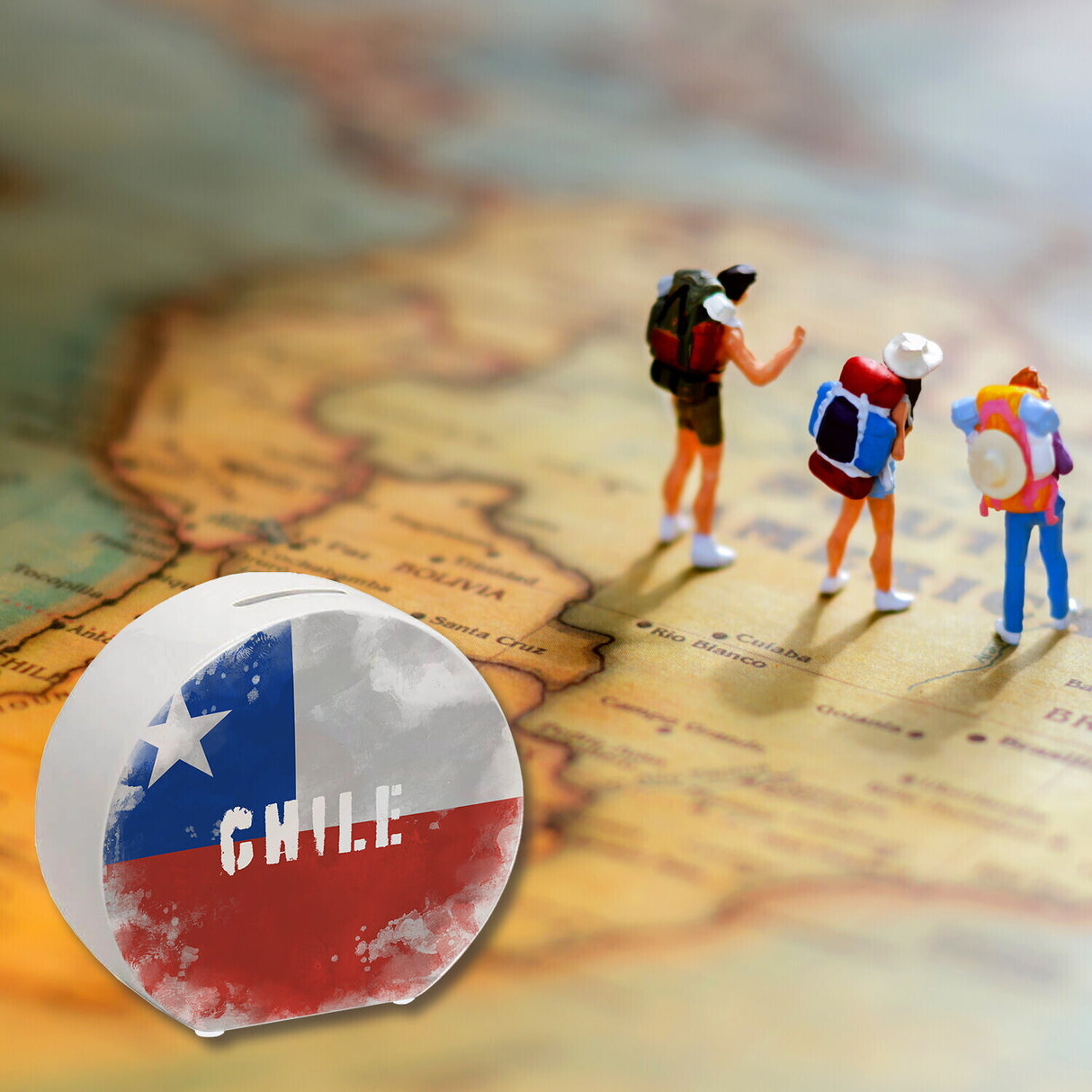 Spardose mit Chile-Flagge im Used Look - Sparschwein für Urlauber