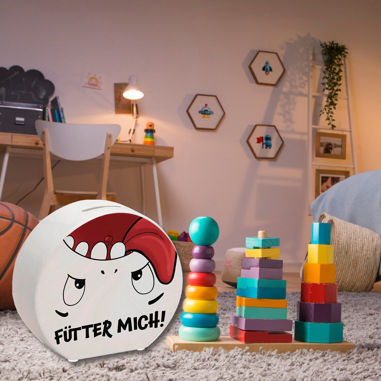 Spardose mit Comicfigur und lustigem Spruch - Fütter mich!