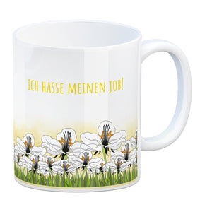 Kaffeebecher mit Wiesen-Motiv, Biene und witzigem Spruch fürs Büro oder Kollegen