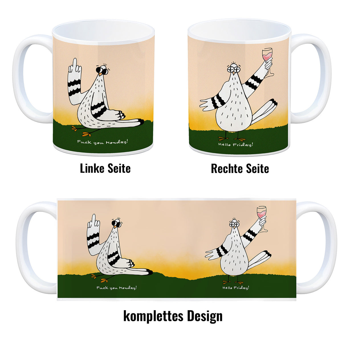 Motivation Kaffeebecher mit lustigen Tauben und Spruch Fuck Monday Hello Friday