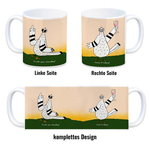 Motivation Kaffeebecher mit lustigen Tauben und Spruch Fuck Monday Hello Friday