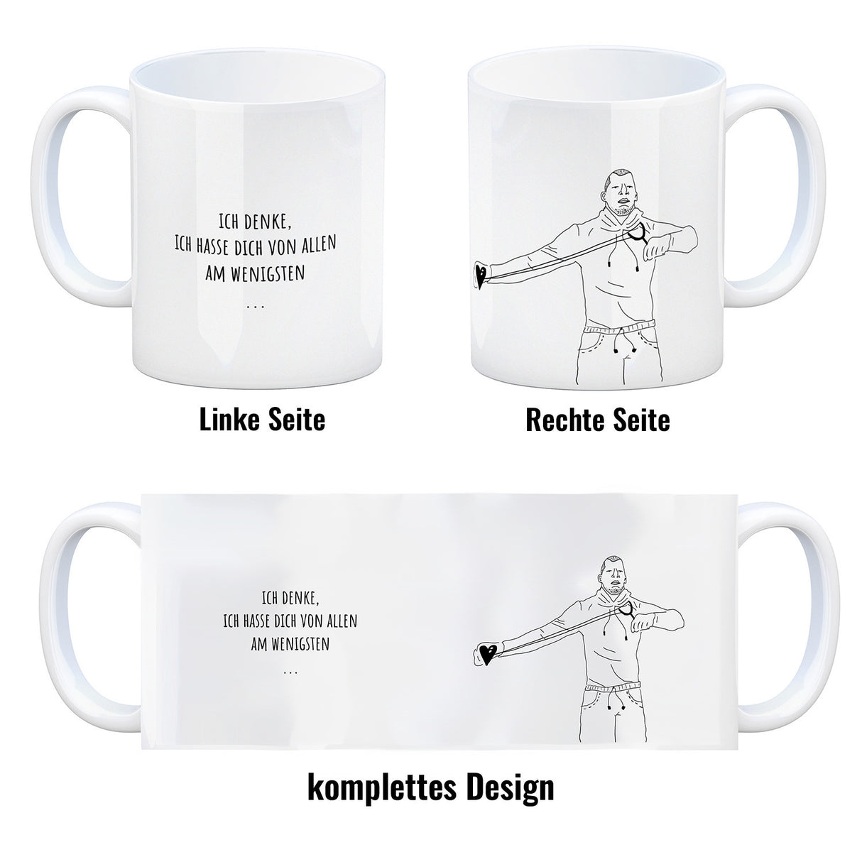 Kaffeebecher mit ironischem Spruch, gezeichnetem Charakter und Steinschleuder