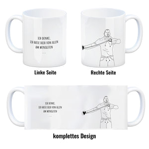 Kaffeebecher mit ironischem Spruch, gezeichnetem Charakter und Steinschleuder