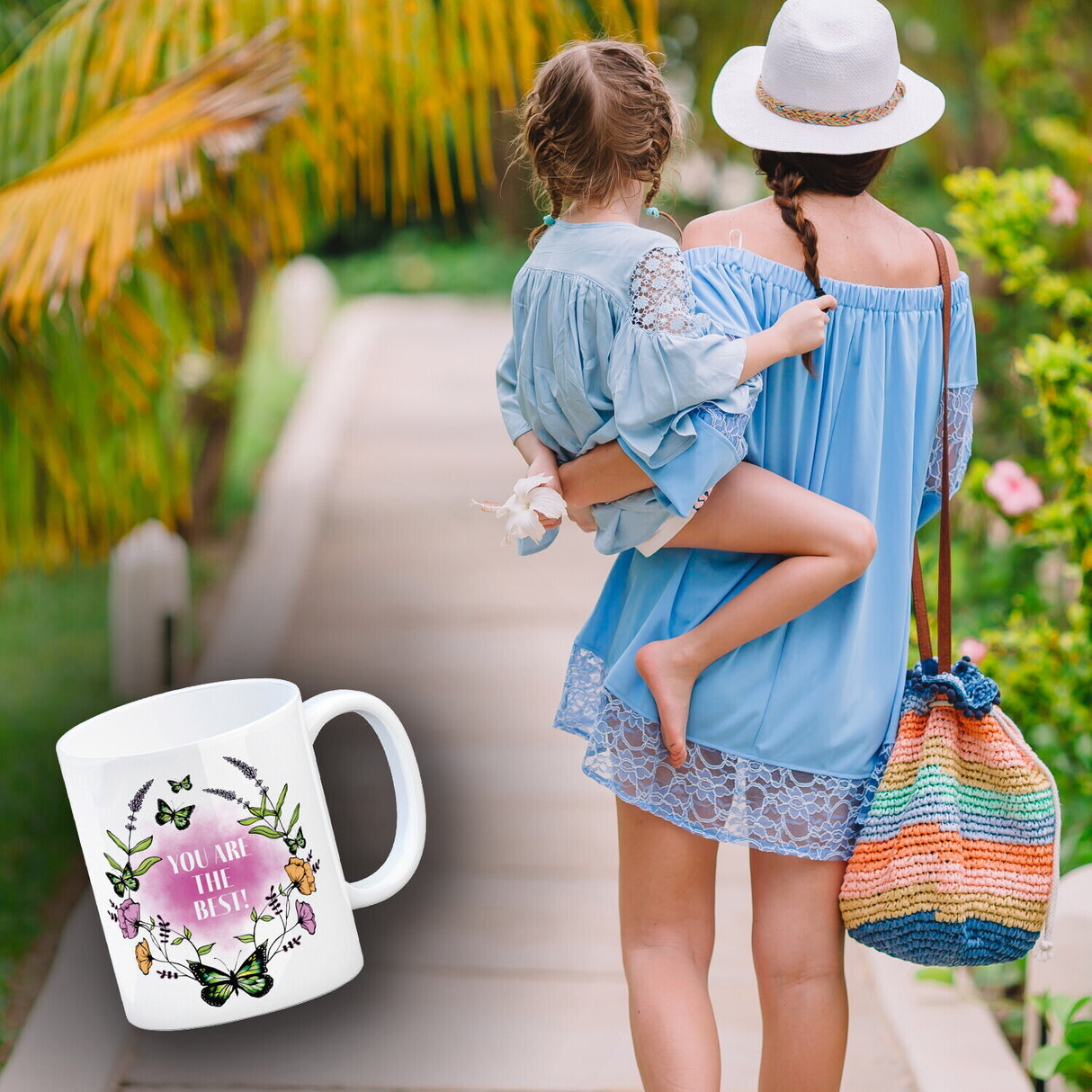 Kaffeebecher mit motivierenden Worten und Blumenrahmen mit Schmetterlingen