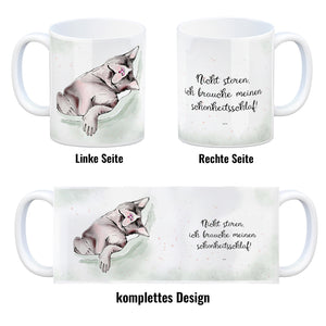 Kaffeebecher in pastellfarben mit schlafender Katze und witzigem Spruch