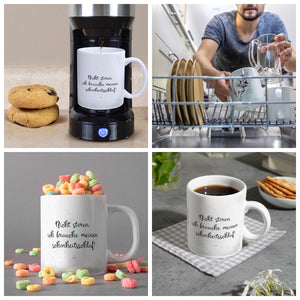 Kaffeebecher in pastellfarben mit schlafender Katze und witzigem Spruch