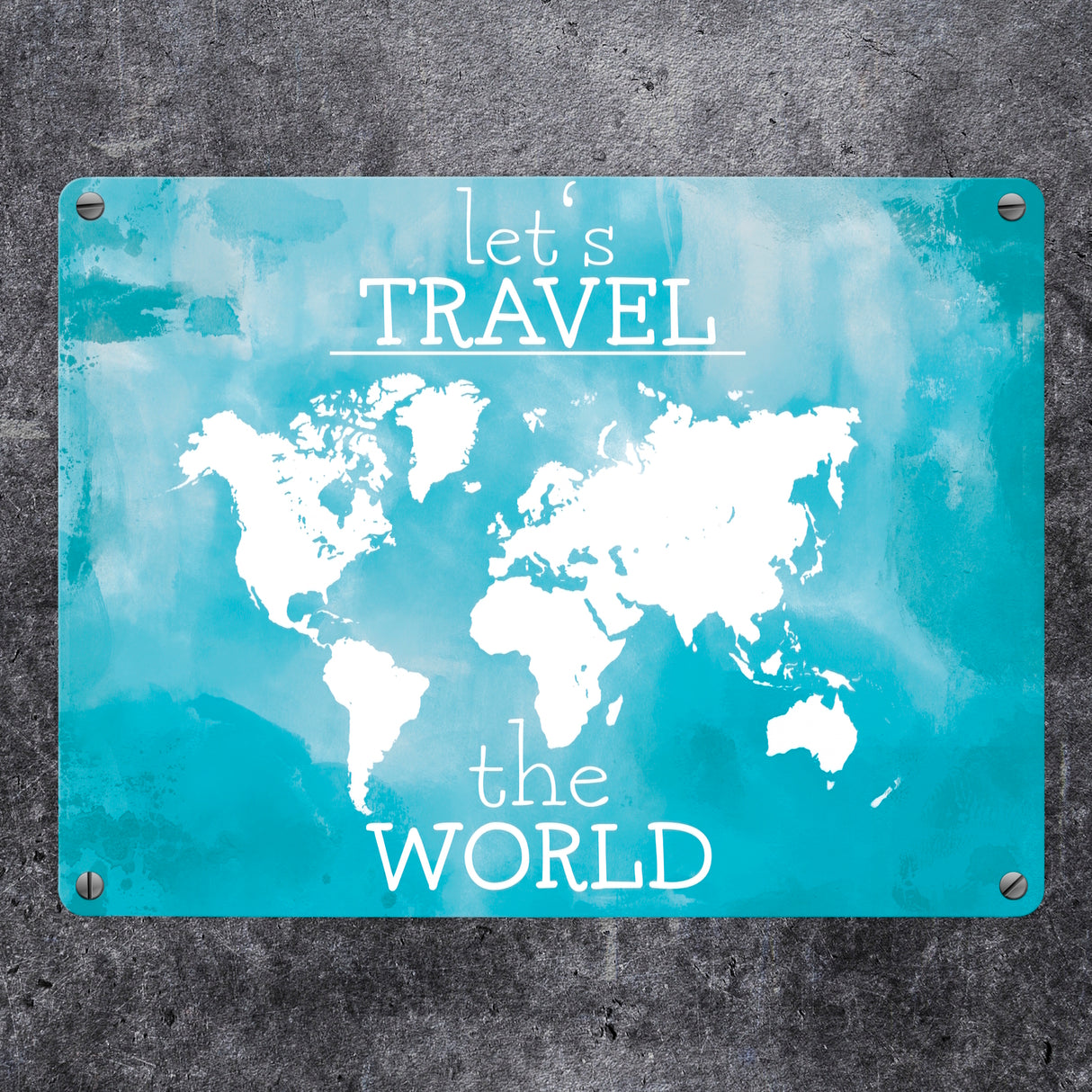 Metallschild mit Weltkarte und Spruch - let's travel the world