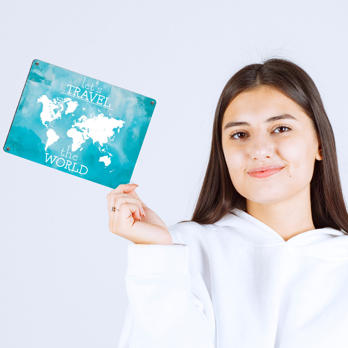 Metallschild mit Weltkarte und Spruch - let's travel the world