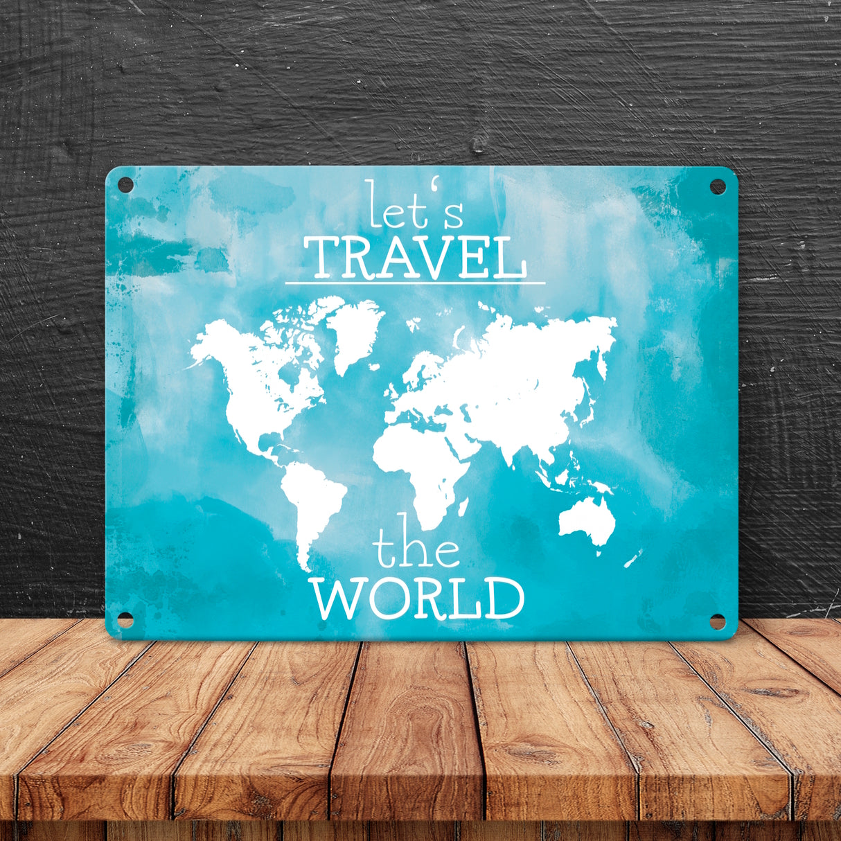 Metallschild mit Weltkarte und Spruch - let's travel the world