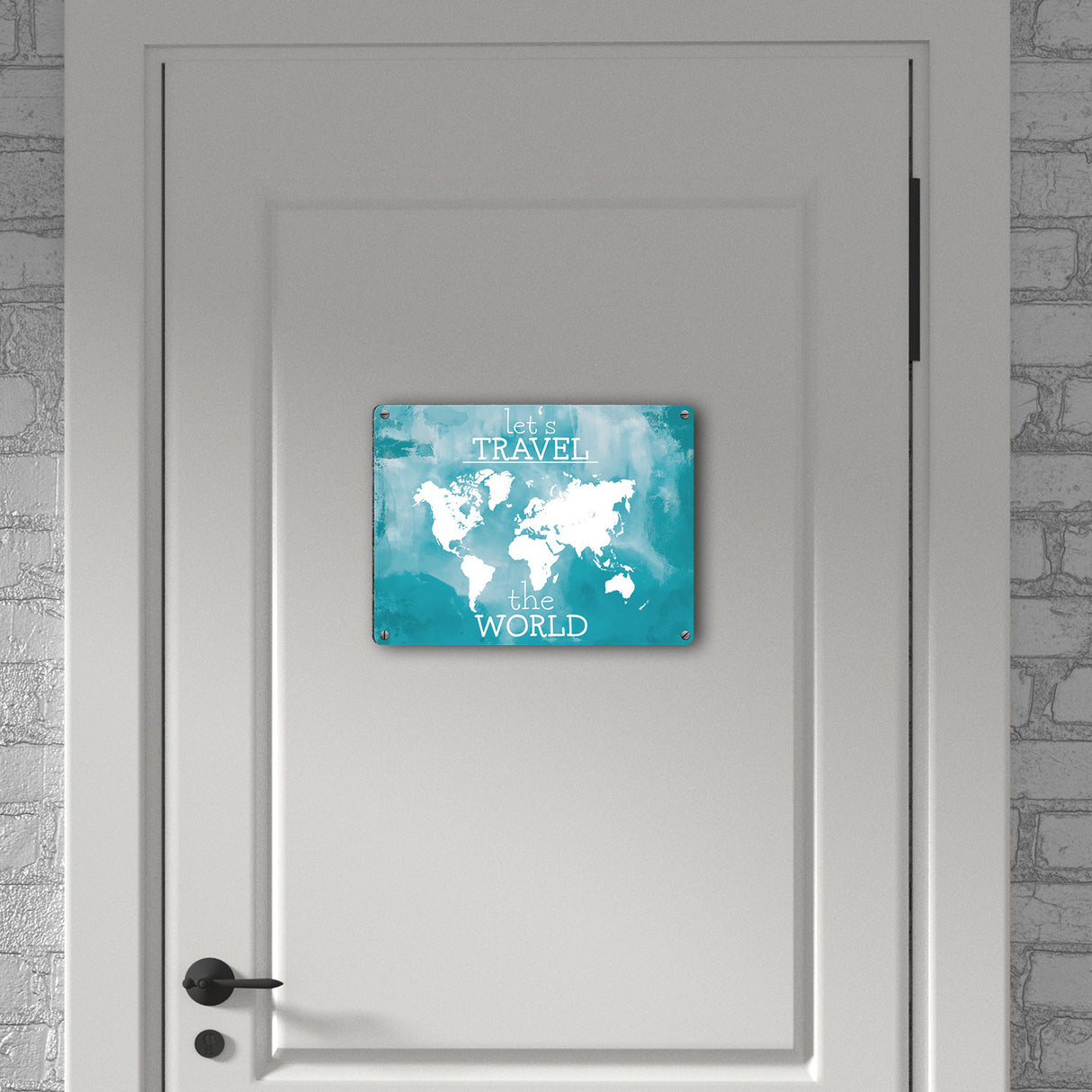 Metallschild mit Weltkarte und Spruch - let's travel the world