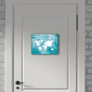 Metallschild mit Weltkarte und Spruch - let's travel the world