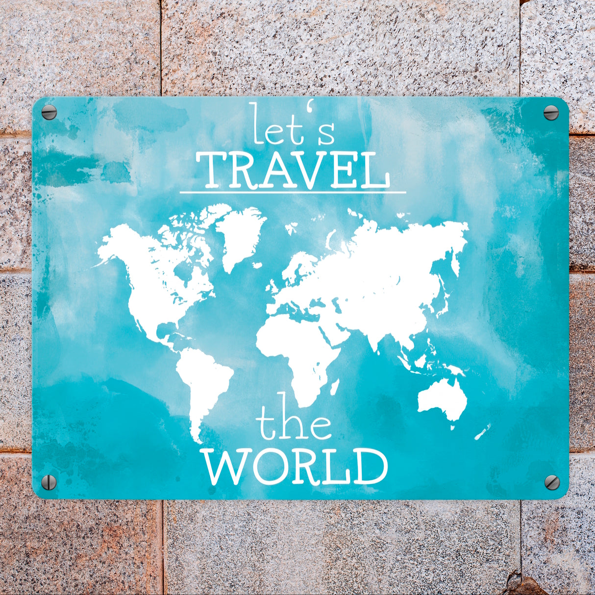 Metallschild mit Weltkarte und Spruch - let's travel the world
