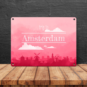 Metallschild für Fans von Städtetrips mit der Silhouette von Amsterdam