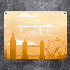 Metallschild für Fans von Städtetrips mit der Silhouette von London