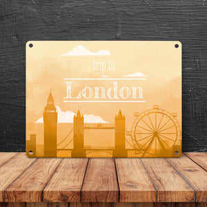Metallschild für Fans von Städtetrips mit der Silhouette von London