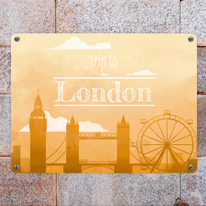 Metallschild für Fans von Städtetrips mit der Silhouette von London