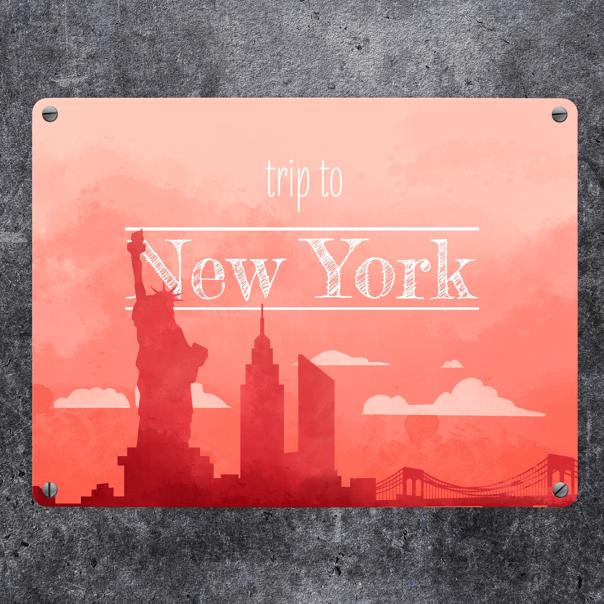 Metallschild in 15x20 cm für Fans von Städtetrips mit der Silhouette von New York in orange
