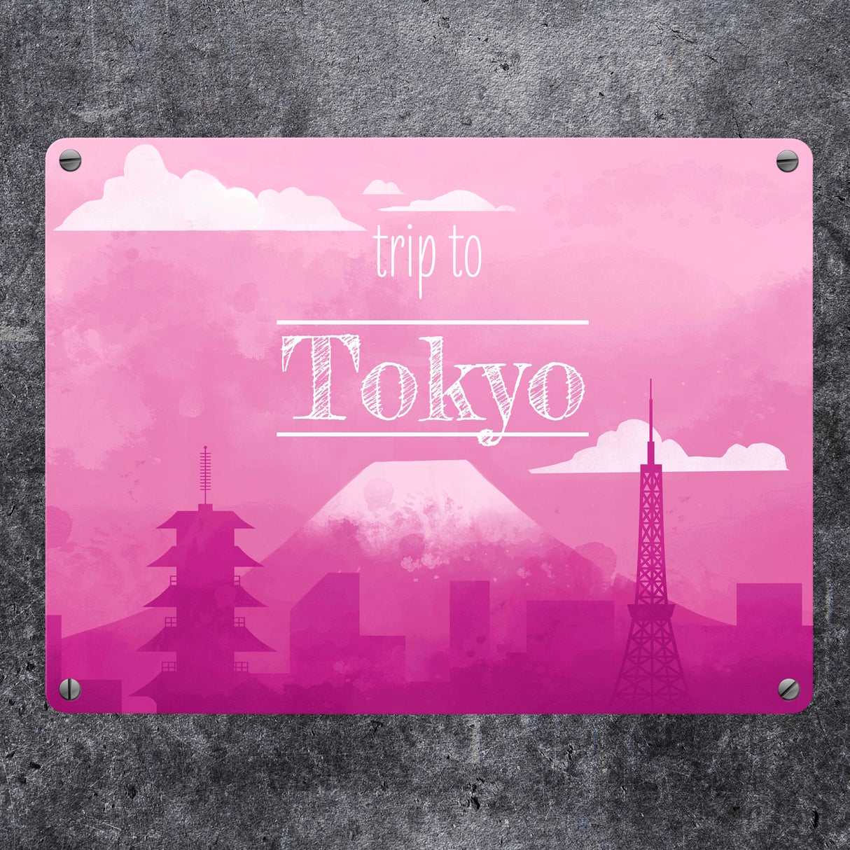 Metallschild in 15x20 cm für Fans von Städtetrips mit der Silhouette von Tokyo in pink