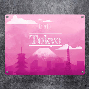 Metallschild in 15x20 cm für Fans von Städtetrips mit der Silhouette von Tokyo in pink
