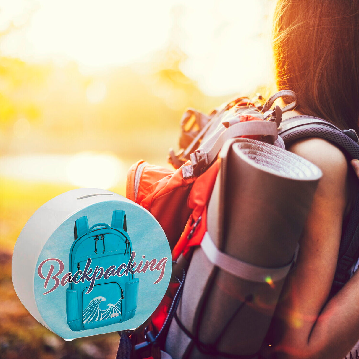 Spardose für Rucksacktouristen mit Rucksack Motiv und Text - Backpacking