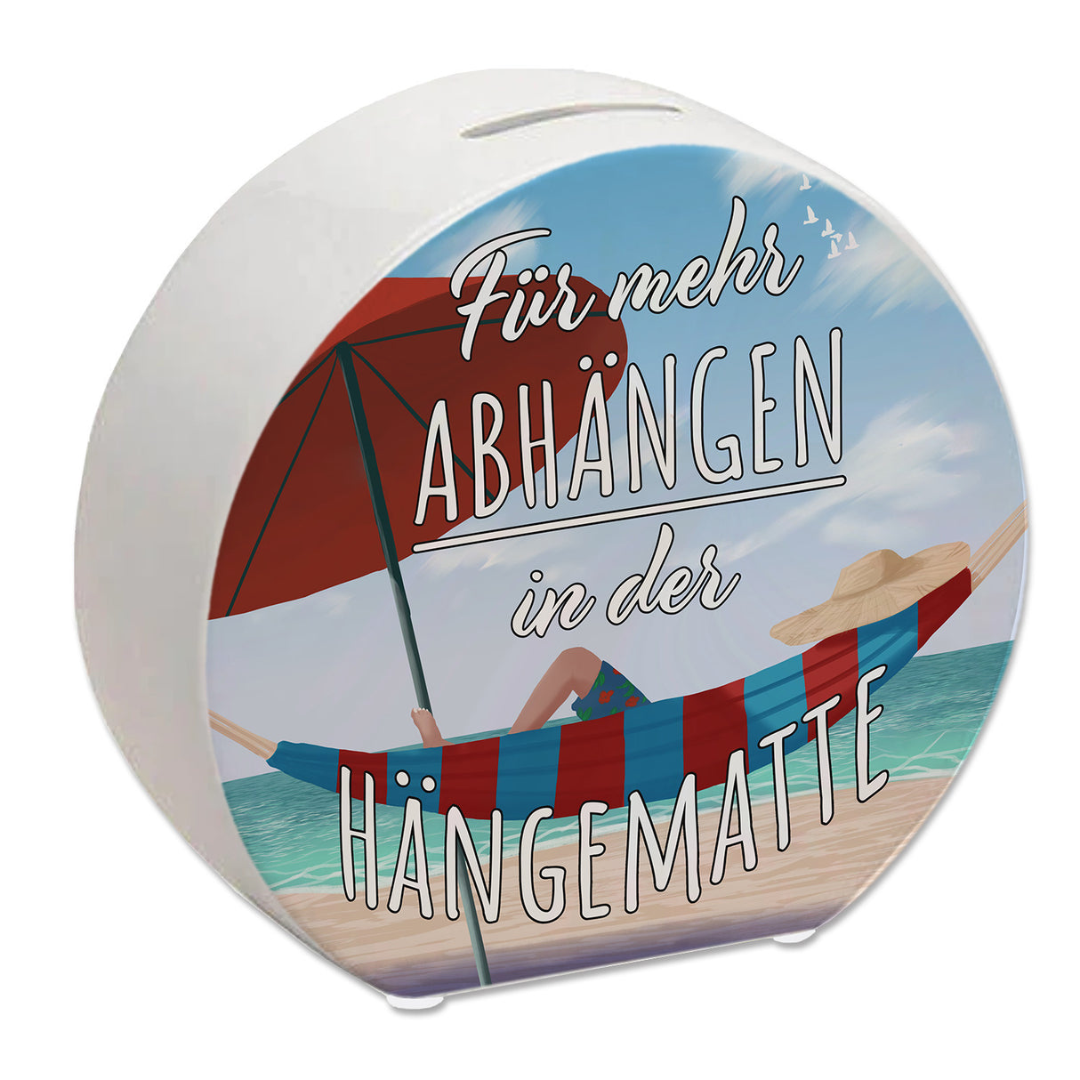 Spardose mit schönem Strandmotiv - Für mehr Abhängen in der Hängematte